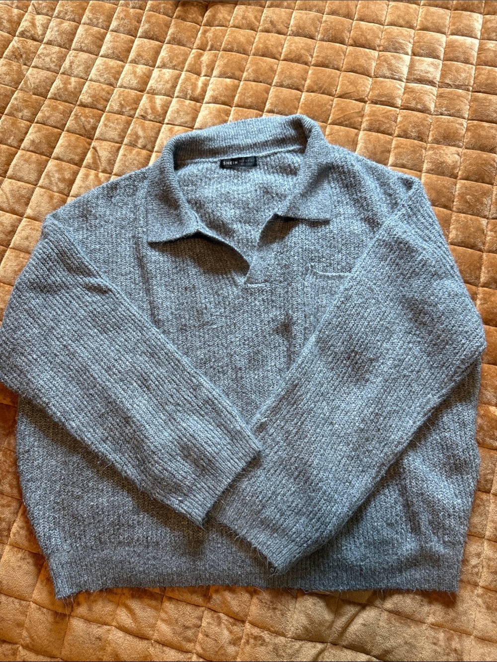 SHEIN Gray V-Neck Collared Knit Sweater